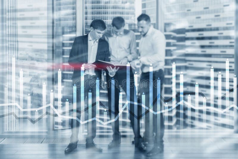 Bar graph on the background of a business center with a manager at the window royalty free stock image