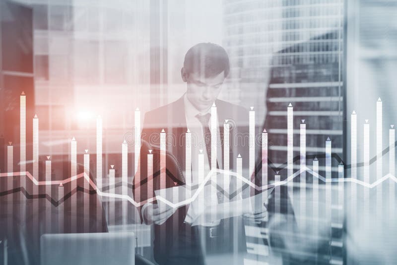 Bar graph on the background of a business center with a manager at the window royalty free stock images