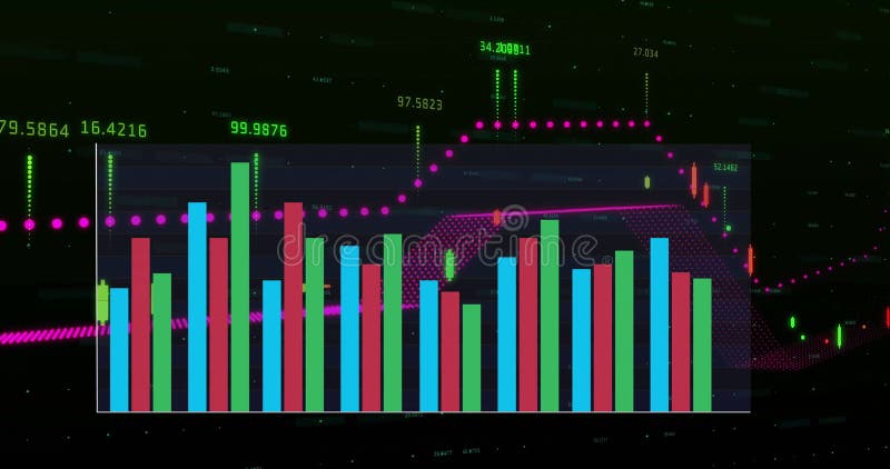 Bar and line charts with numerical data processing image over dark background. Analytics, data visualization, statistics, finance, business, information