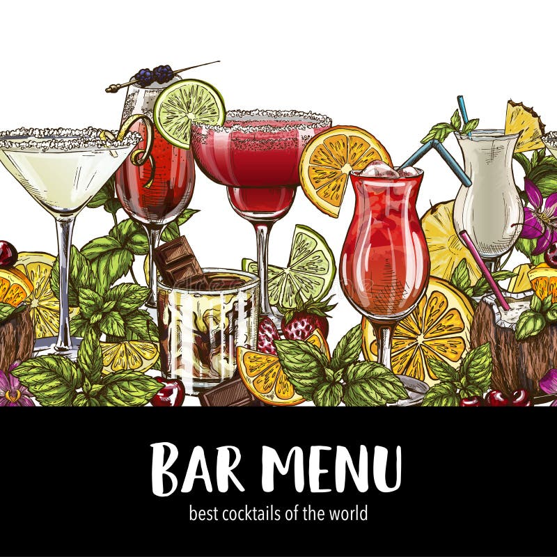 Bar Menu, Seamless Cocktails Border Stock Vector - Illustration of full