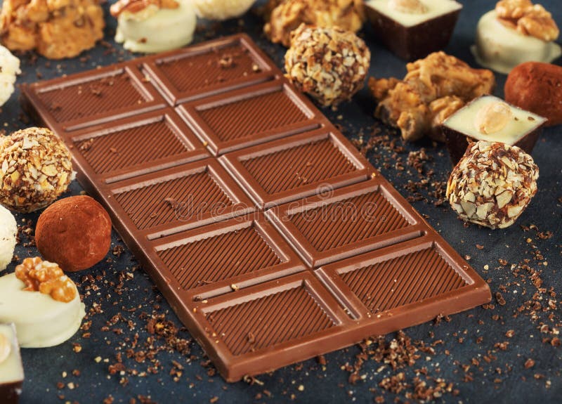 Bar Milk Chocolate Close Up with Chocolate Candies Stock Image Image