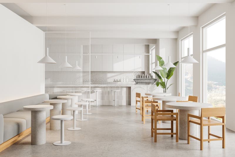 Bar moderno con sedie in legno, tavoli bianchi e luci a pendenza in luce naturale. concetto contemporaneo illustrazione di stock