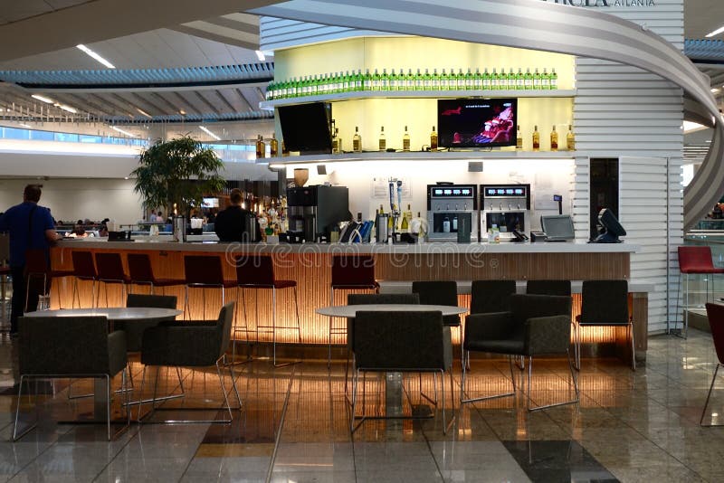 Atlanta,GA/USA-5/23/19: A restaurant with a bar in the international terminal at Atlanta Hartsfield Airport. Atlanta,GA/USA-5/23/19: A restaurant with a bar in the international terminal at Atlanta Hartsfield Airport