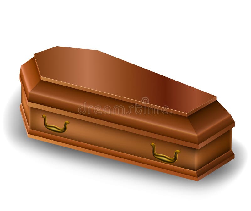 Wood coffin with golden handle on white. Wood coffin with golden handle on white