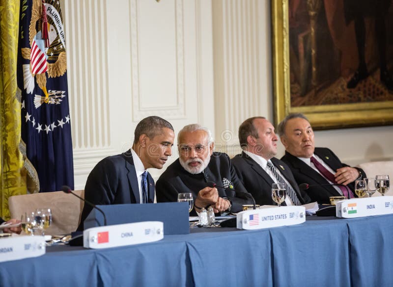 WASHINGTON D.C., USA - Mar 31, 2016: Nuclear Security Summit. United States President Barack Obama talks with Prime Minister of India Narendra Damodardas Modi. WASHINGTON D.C., USA - Mar 31, 2016: Nuclear Security Summit. United States President Barack Obama talks with Prime Minister of India Narendra Damodardas Modi