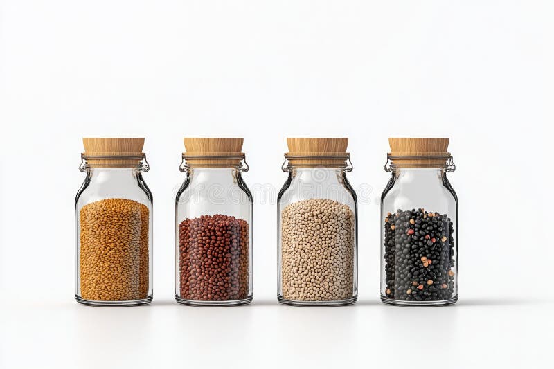 Barattoli di vetro eleganti pieni di lenticchie colorate e fagioli su fondo bianco fotografia stock libera da diritti