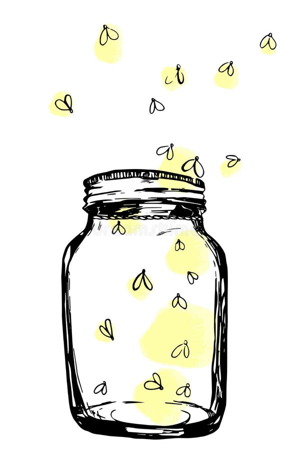 Barattolo con le lucciole L'illustrazione artistica disegnata a mano per progettazione, tessuto, stampa illustrazione di stock Barattolo con le lucciole L'illustrazione artistica disegnata a mano per progettazione, tessuto, stampa illustrazione di stock