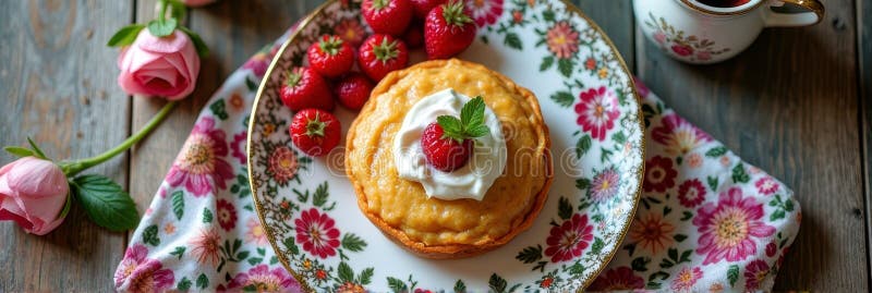 Barattolo di fragole delizioso con panna montata su piatto floreale con tè e rose immagine stock libera da diritti