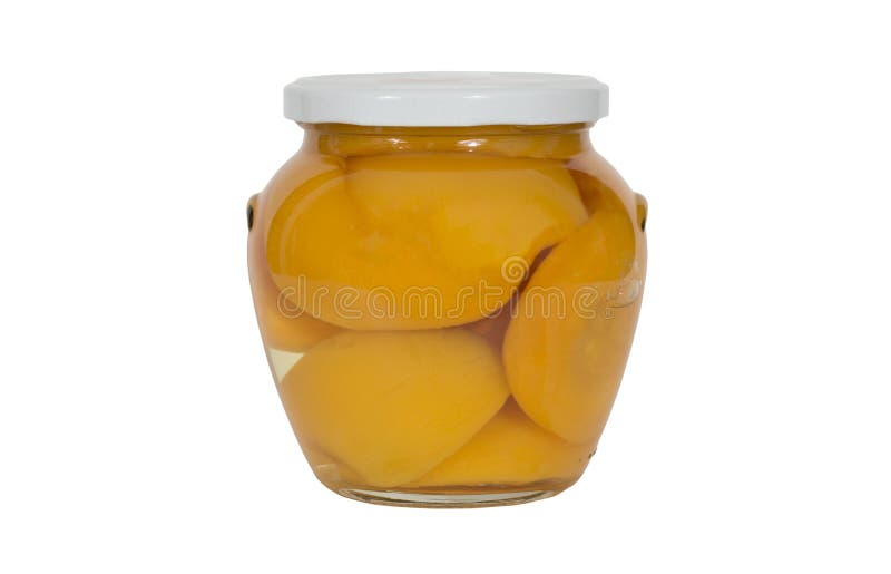 Barattolo di vetro delle metà inscatolate della pesca immagine stock Barattolo di vetro delle metà inscatolate della pesca immagine stock