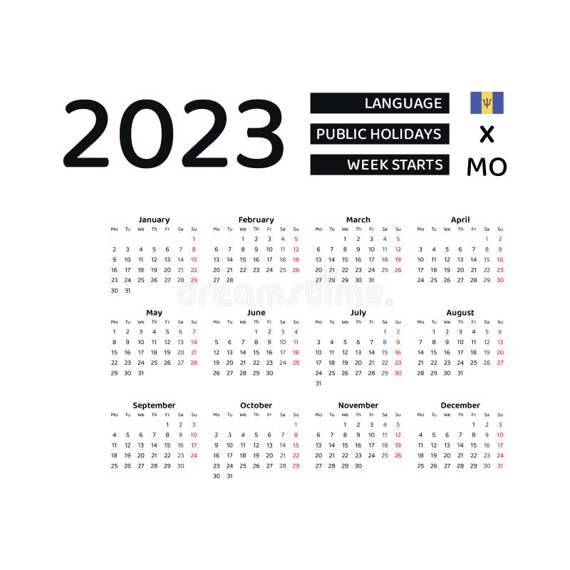 Barbados Calendar 2023. Week Starts from Monday. Vector Graphic Design