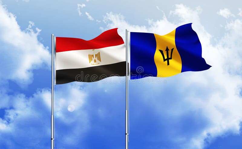 Barbados i egipskie flagi machające razem o niebieskie niebo. Flaga egiptu wraz z flagą barbadosa