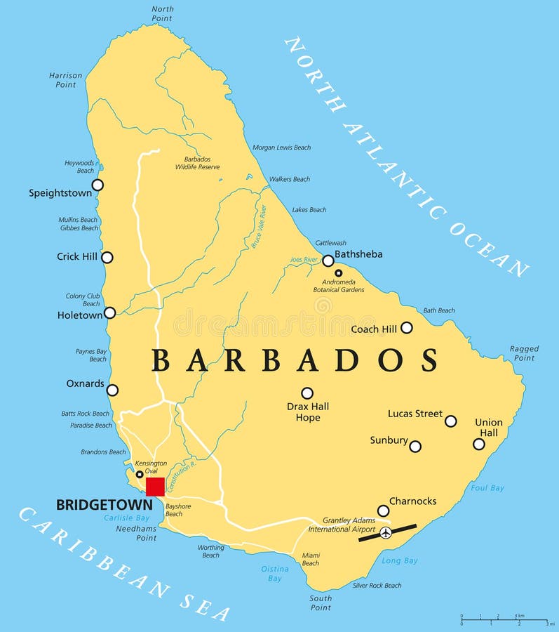 Barbados Political Map Capital Bridgetown Important Cities Places Rivers English Labeling Scaling Illustration 104311219 