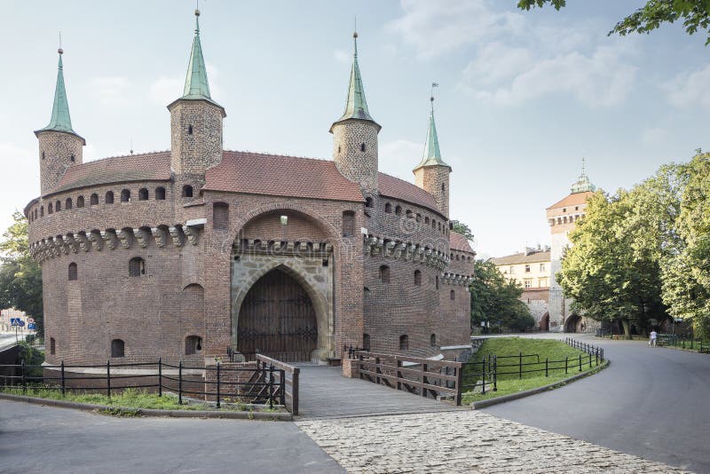 Barbakan fortress in Krakow with florian gate in the background