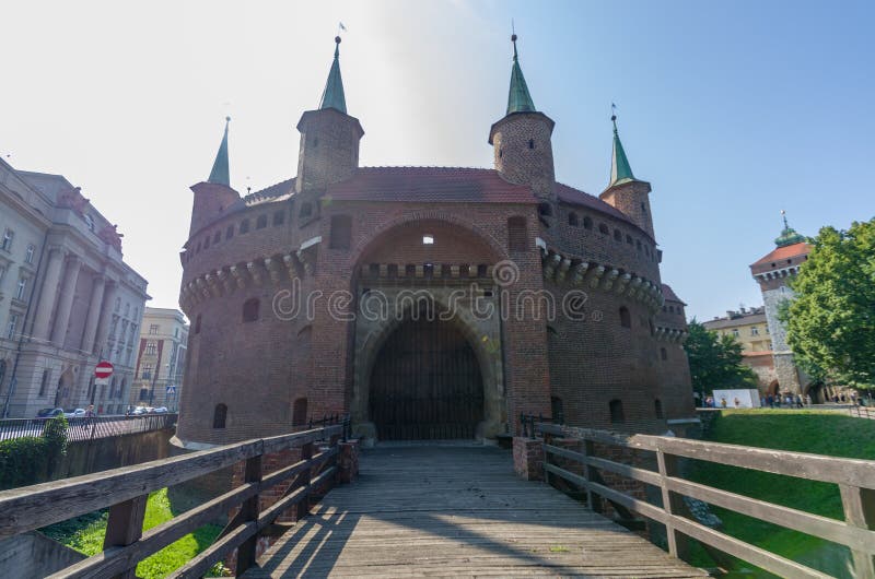 Krakow barbican barbakan, fortified outpost once connected to the city walls. Poland. Krakow barbican barbakan, fortified outpost once connected to the city walls. Poland