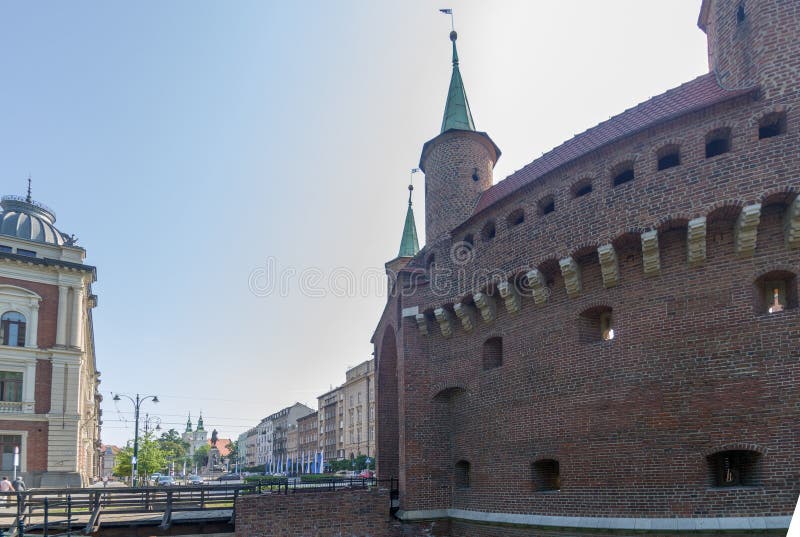 Krakow barbican barbakan, fortified outpost once connected to the city walls. Poland. Krakow barbican barbakan, fortified outpost once connected to the city walls. Poland