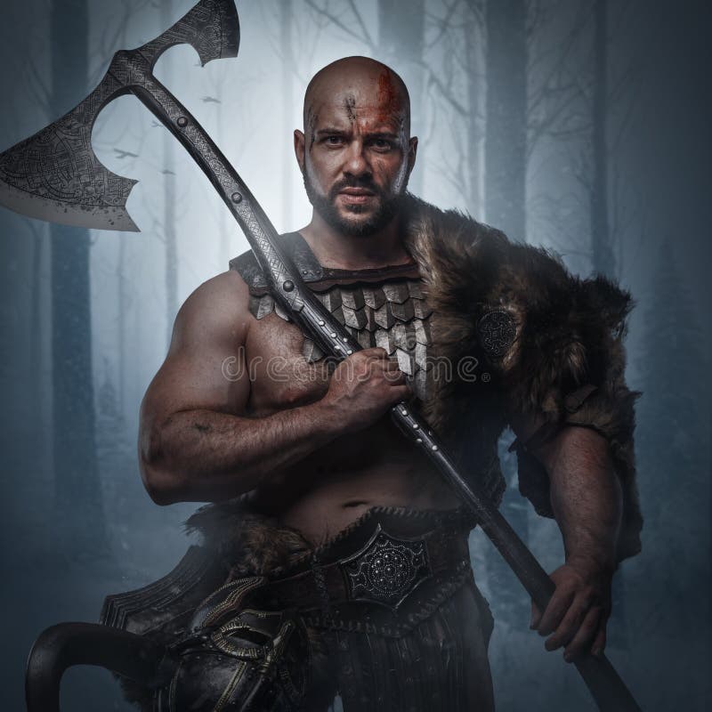 Barbaric Viking with Huge Axe and Fur in Winter Woods Stock Image ...