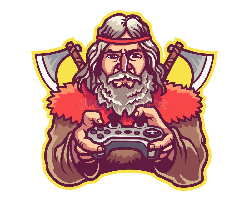 Barbarisches haltenes Spiel-Steuerknüppel-Karikatur-Maskottchen Logo Badge lizenzfreie abbildung Barbarisches haltenes Spiel-Steuerknüppel-Karikatur-Maskottchen Logo Badge lizenzfreie abbildung