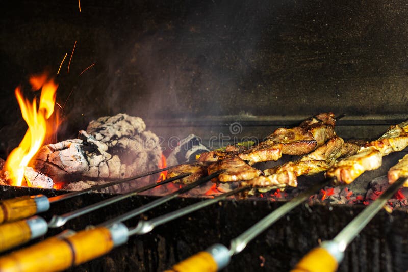 Barbecue all'aperto Kebab da carne di maiale sui carboni fotografie stock libere da diritti Barbecue all'aperto Kebab da carne di maiale sui carboni fotografie stock libere da diritti