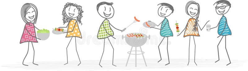 A group of friends or neighbors is gathered around a barbecue in a garden for a nice meal. A group of friends or neighbors is gathered around a barbecue in a garden for a nice meal