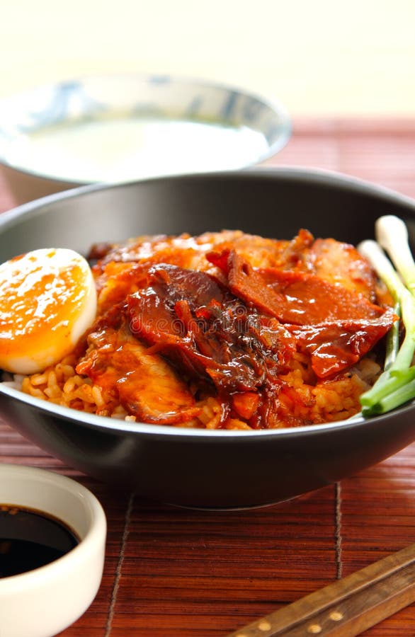 Barbecue and Crispy Pork with Gravy Sauce on Rice Stock Image Image
