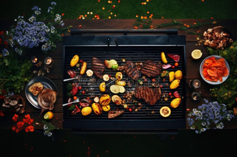 Barbecue with delicious grilled meat, vegetables and mushrooms. Top view, Barbeque cooking outdoor leisure party, top view, AI