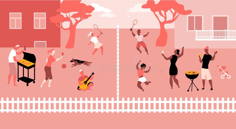 Families having barbecue at their suburban backyards and greeting neighbors, practicing social distancing, EPS 8 vector illustration. Families having barbecue at their suburban backyards and greeting neighbors, practicing social distancing, EPS 8 vector illustration