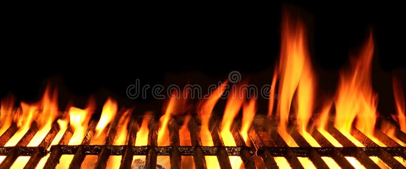 Barbecue Fire Grill Isolated On The Black Background, Close Up