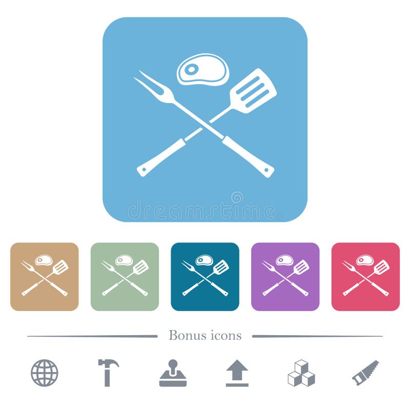 Barbecue Fork and Spatula with Steak Flat Icons on Color Rounded Square ...