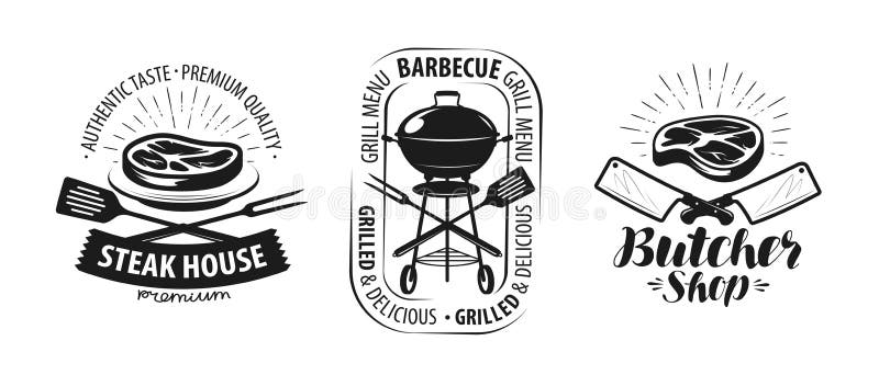 Barbecue, griglia, logo di macelleria o etichetta Vettore di concetto dell'alimento royalty illustrazione gratis