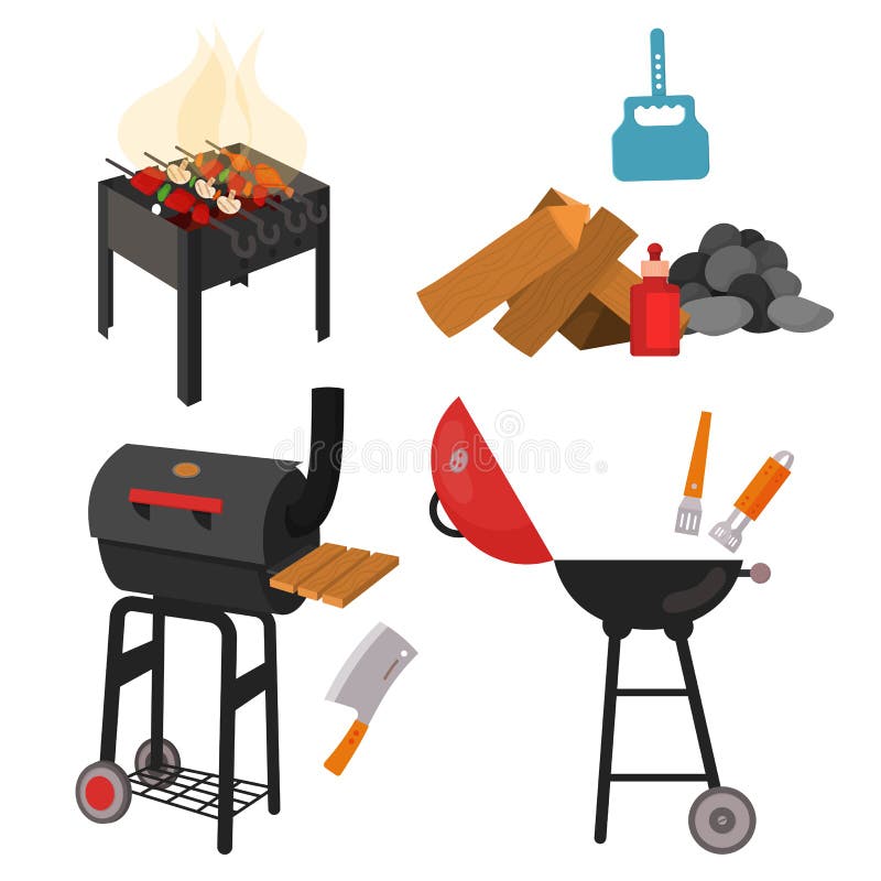 Barbecue Grill Cartoon Elements Set Stock Vector - Illustration of icon