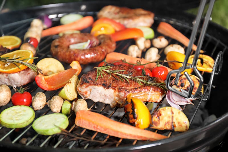 Barbecue Grill With Delicious Cooked Meat Stock Photo - Image of grill ...