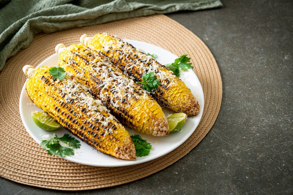 Barbecue and Grilled Corn with Cheese and Lime Stock Photo Image of