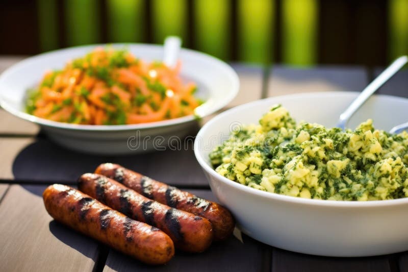 Barbecue grilled sausages beside a bowl of potato salad royalty free stock image