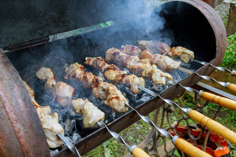 Barbecue Meat on Charcoal Grill on Skewers Stock Image Image of stick