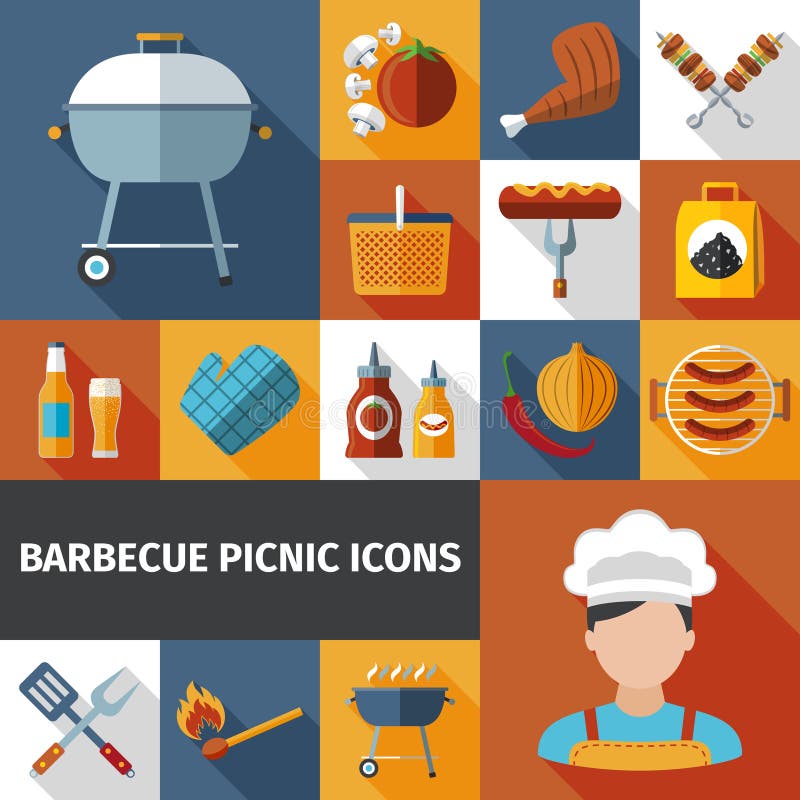 Barbecue picnic flat icons set
