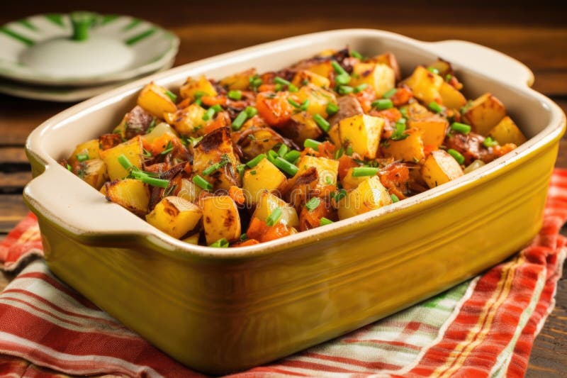 Barbecue potato salad with garnish in a ceramic dish royalty free stock photos