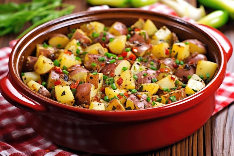 Barbecue potato salad with garnish in a ceramic dish stock photo