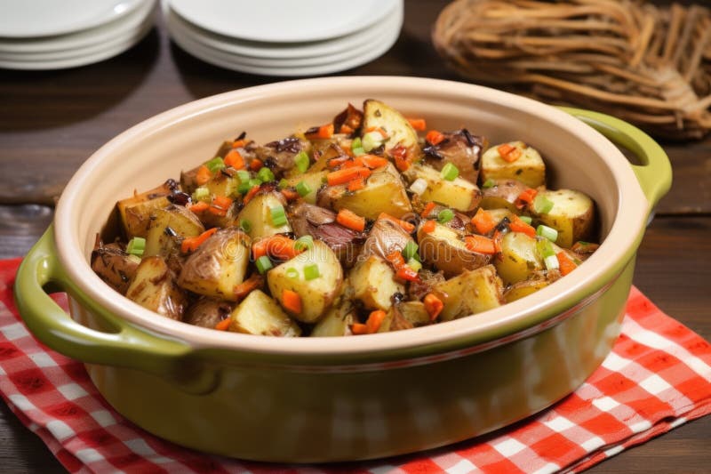 Barbecue potato salad with garnish in a ceramic dish stock photography
