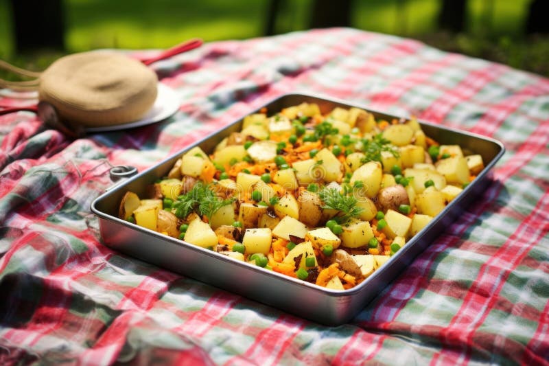 Barbecue potato salad on a picnic blanket royalty free stock images