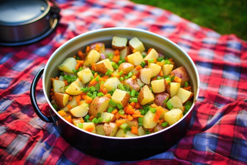 Barbecue potato salad on a picnic blanket stock image