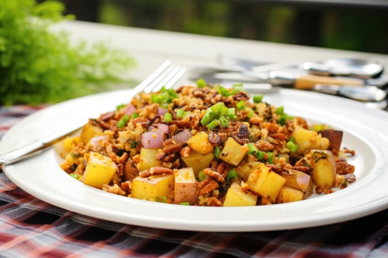 Barbecue potato salad served on a white plate with silverware beside stock image