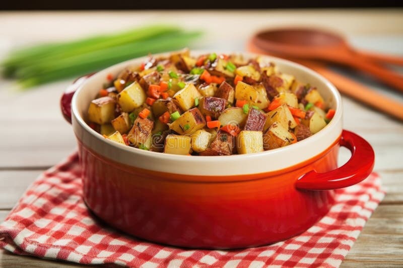 Barbecue potato salad in a stoneware dish with a checkered napkin on side royalty free stock photo