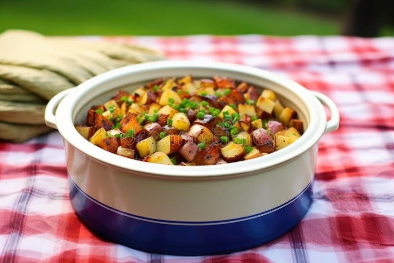Barbecue potato salad in a stoneware dish with a checkered napkin on side royalty free stock photography