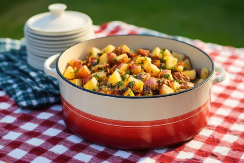 Barbecue potato salad in a stoneware dish with a checkered napkin on side stock photography