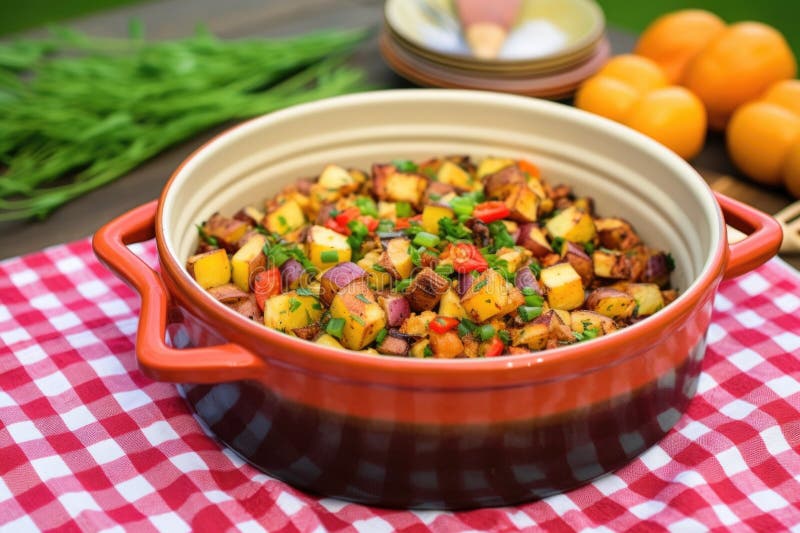 Barbecue potato salad in a stoneware dish with a checkered napkin on side stock photo