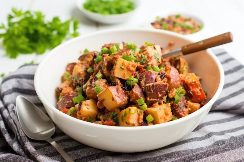 Barbecue potato salad in a white bowl with serving spoon inside stock images
