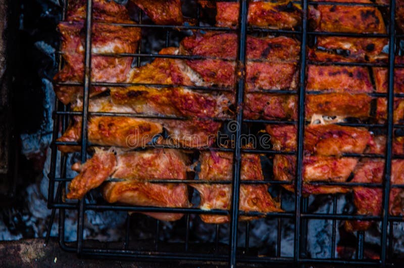 Barbecue is Prepared on the Grill. Smoke from the Fire Stock Photo
