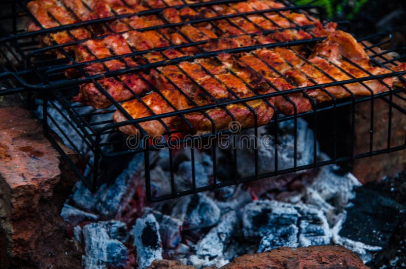 Barbecue is Prepared on the Grill. Smoke from the Fire Stock Photo