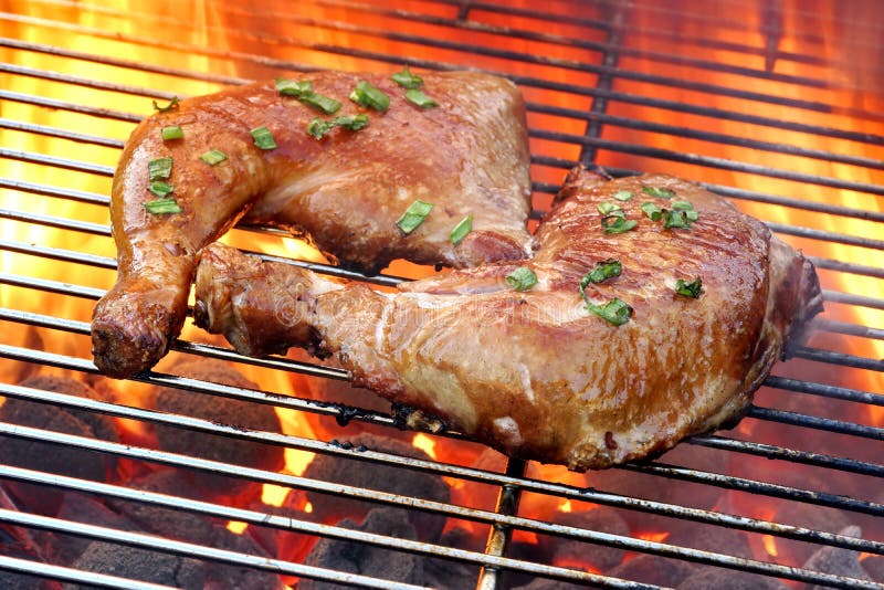 Barbecue Roast Chicken Quarters On The Hot Charcoal Grill