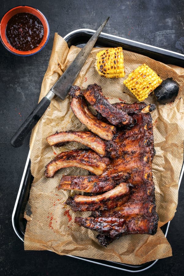 Barbecue Spare Ribs St Louis Cut with Hot Honey Chili Marinade and Corn ...